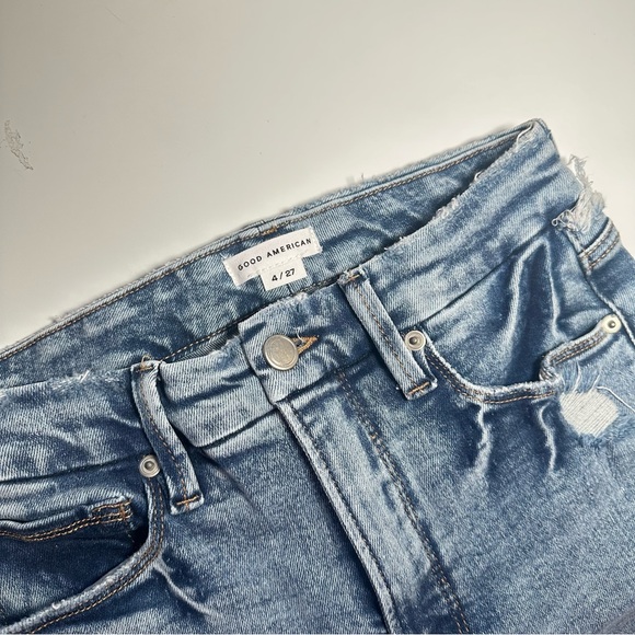 Good American High Rise Straight Leg Jeans Raw Frayed Waist Blue Size 4 / 27 - Picture 7 of 8